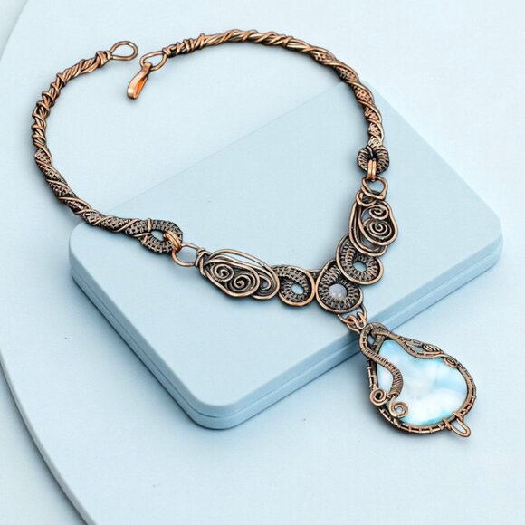 Handmade ✦ Full Wire Wrap Larimar & Quartz Necklace ✦ Artisan Copper Statement - Picture 6 of 10
